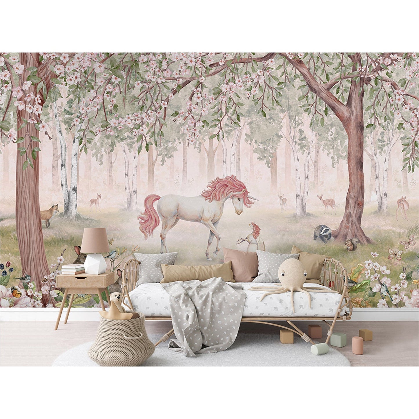 はがせるミューラル壁紙 のりなし KIKKI BELLE Unicorn Forest Green W13916