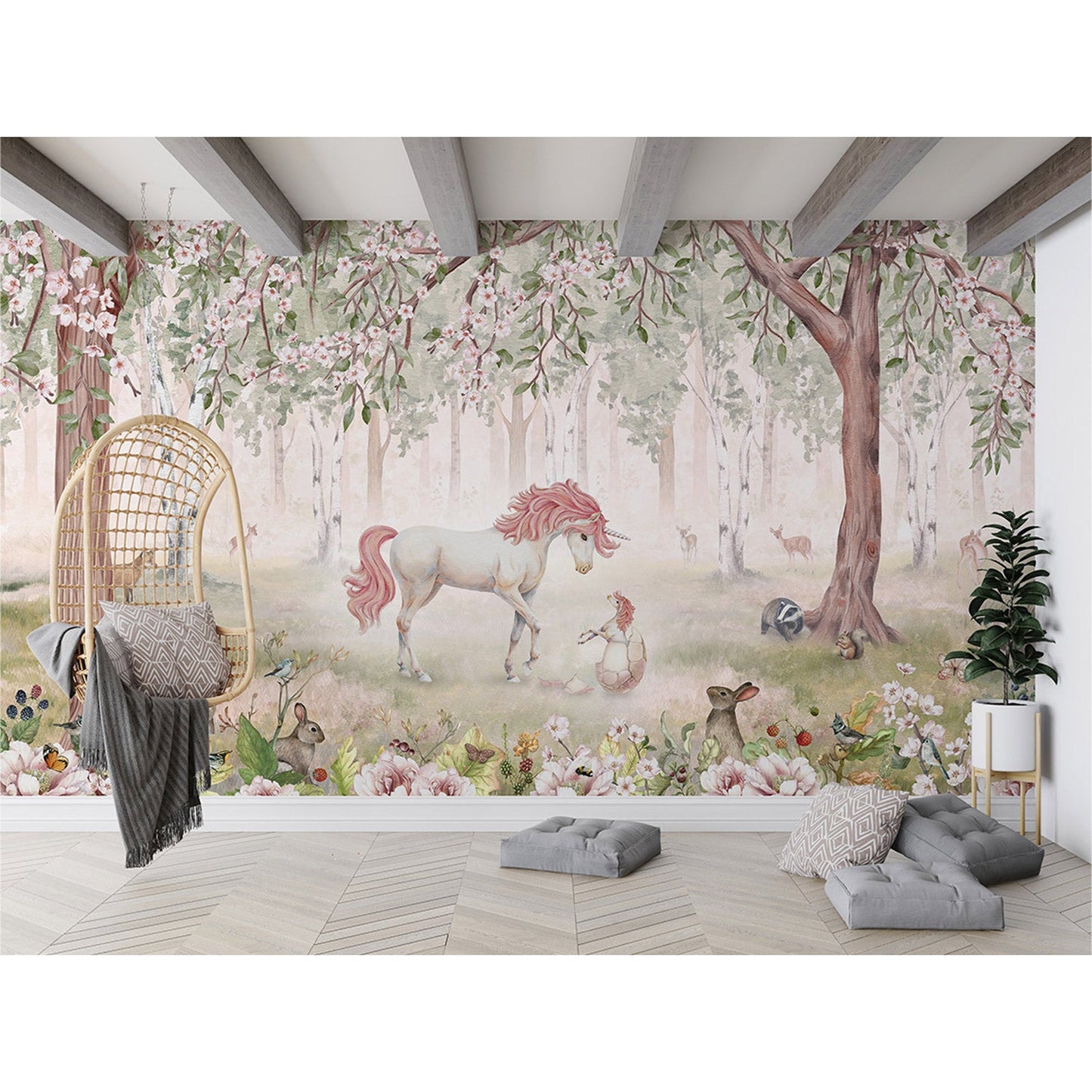 はがせるミューラル壁紙 のりなし KIKKI BELLE Unicorn Forest Green W13916