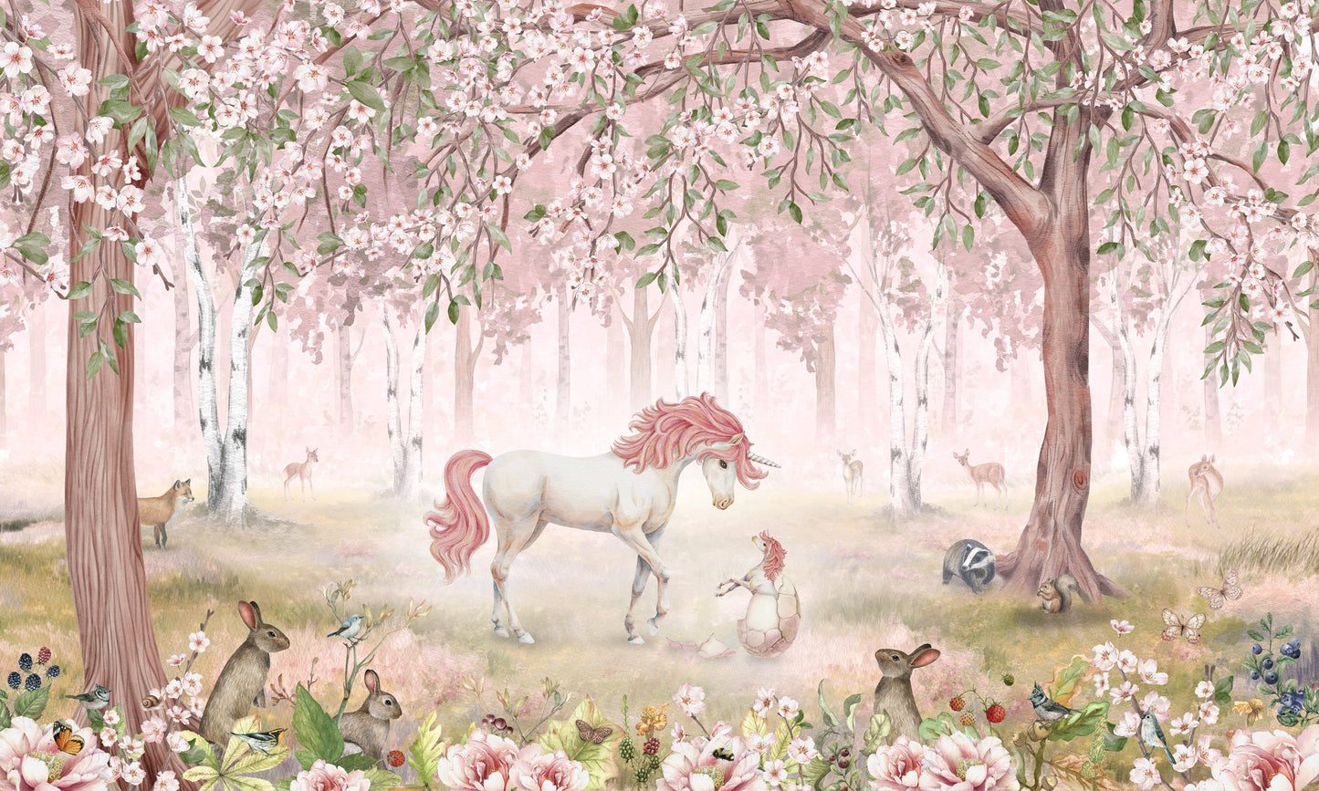 はがせるミューラル壁紙 のりなし KIKKI BELLE Unicorn Forest Pink W13917