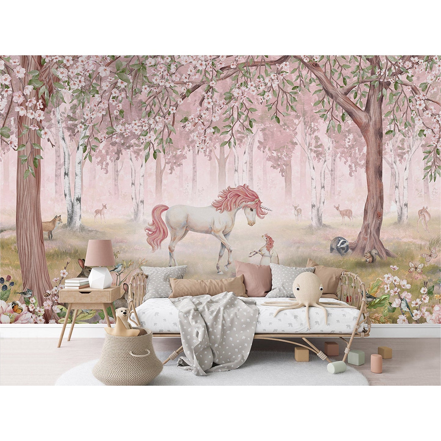 はがせるミューラル壁紙 のりなし KIKKI BELLE Unicorn Forest Pink W13917