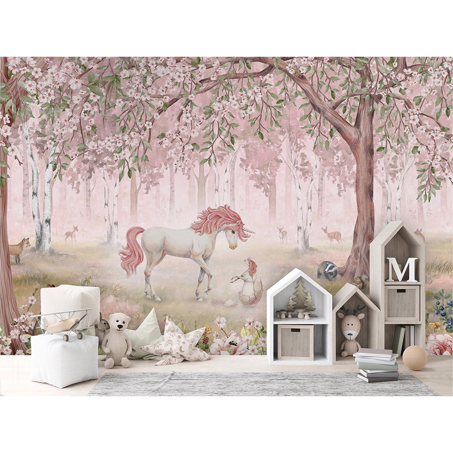 はがせるミューラル壁紙 のりなし KIKKI BELLE Unicorn Forest Pink W13917