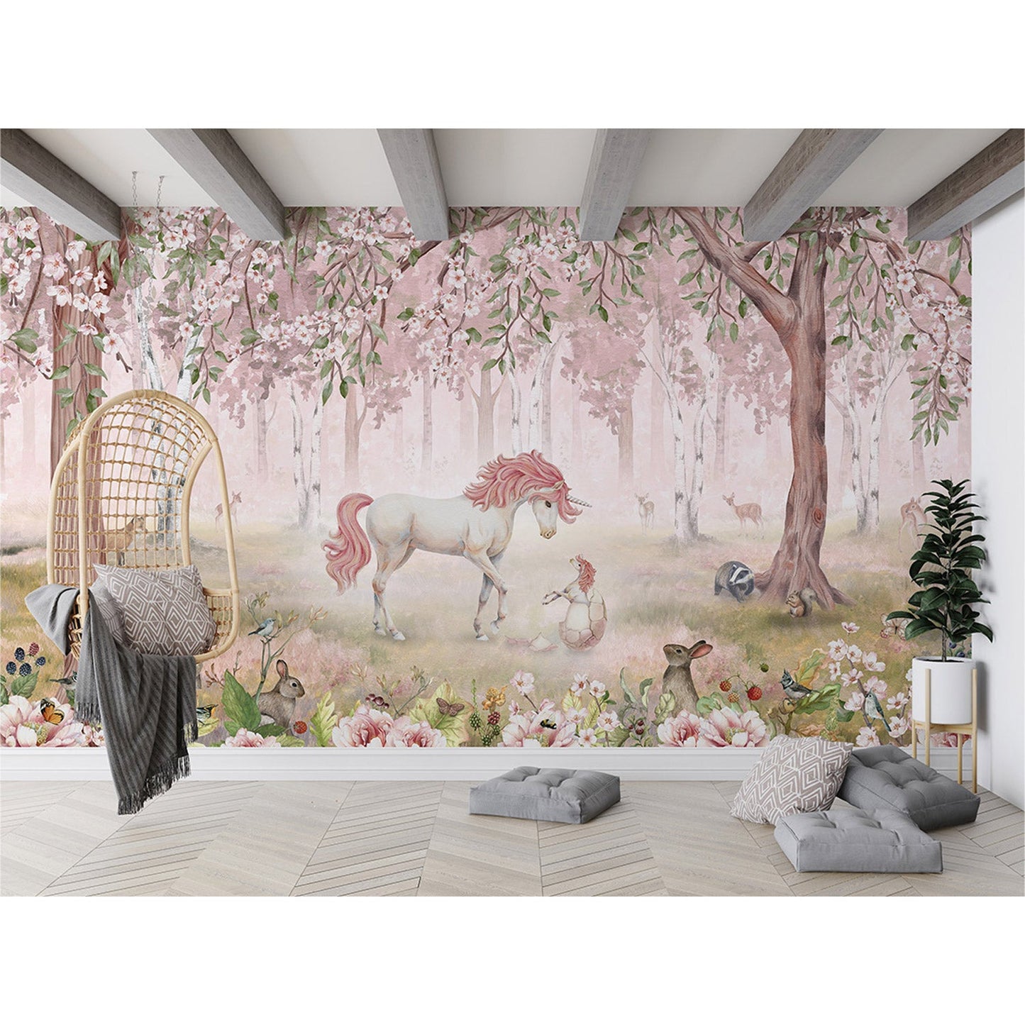 はがせるミューラル壁紙 のりなし KIKKI BELLE Unicorn Forest Pink W13917