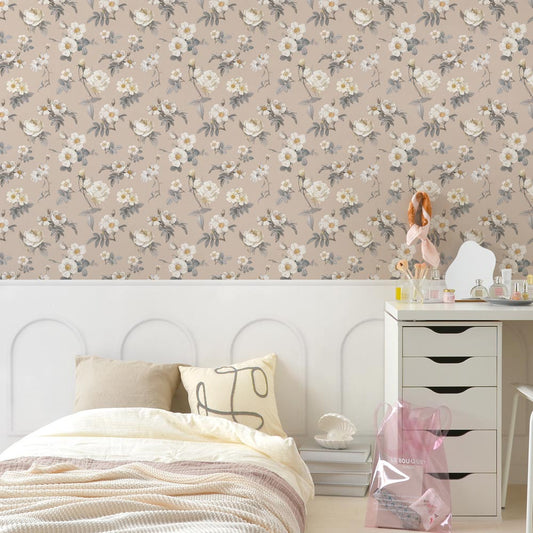 はがせる壁紙 のりなしタイプ パネリングカントリー (49cm×3mサイズ) NMS-CTP02 ミルクティー×ホワイトアーチ