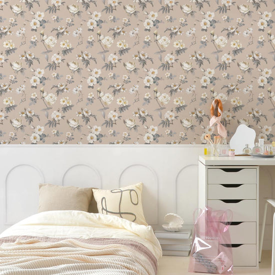 はがせる壁紙 のりなしタイプ パネリングカントリー (49cm×3mサイズ) NMS-CTP02 ミルクティー×ホワイトアーチ