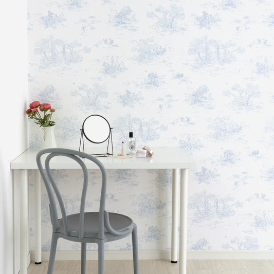 はがせる壁紙 のりなしタイプ  Mon Sucrier トワル柄 トワル・ガーデン (49cm×2.5mサイズ) NMS-TG01 スカイ