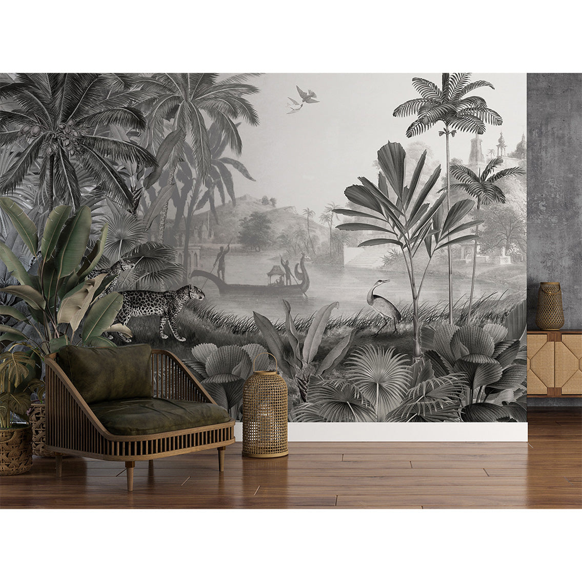 はがせるミューラル壁紙 のりなし Sir Edward Leopard Landscape Black and White W13374