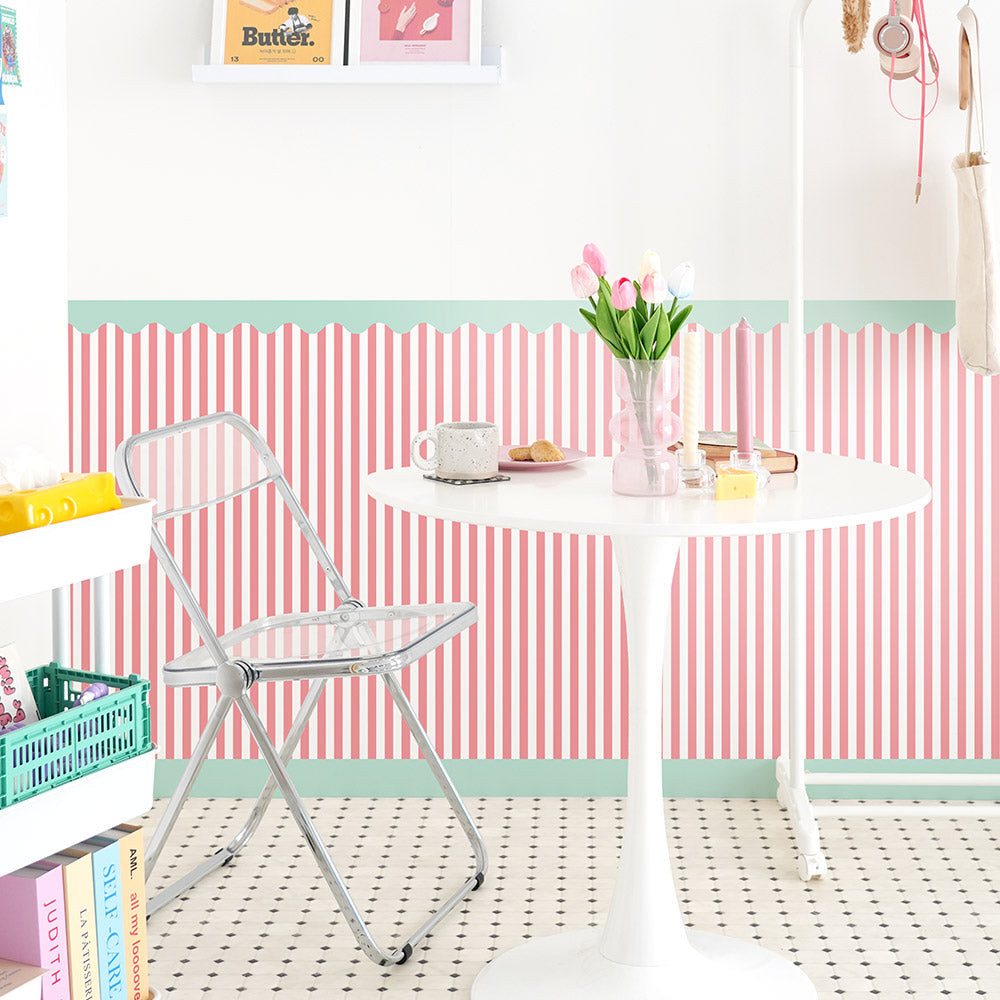 【サンプル】はがせる壁紙 シールタイプ What's poppin? ローワーウォールシート Lower wall sheet ストライプカーニバル　チェリーミント　TWP-LWS02