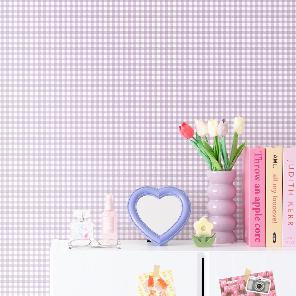 はがせる壁紙 のりなしタイプ What's poppin? ピクニックギンガム (49cm×2.5mサイズ) キャンディライラック