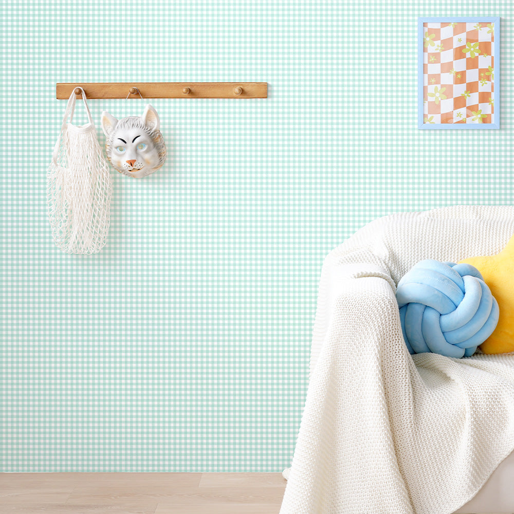 はがせる壁紙 のりなしタイプ What's poppin? ピクニックギンガム (49cm×3mサイズ) ミントブリーズ