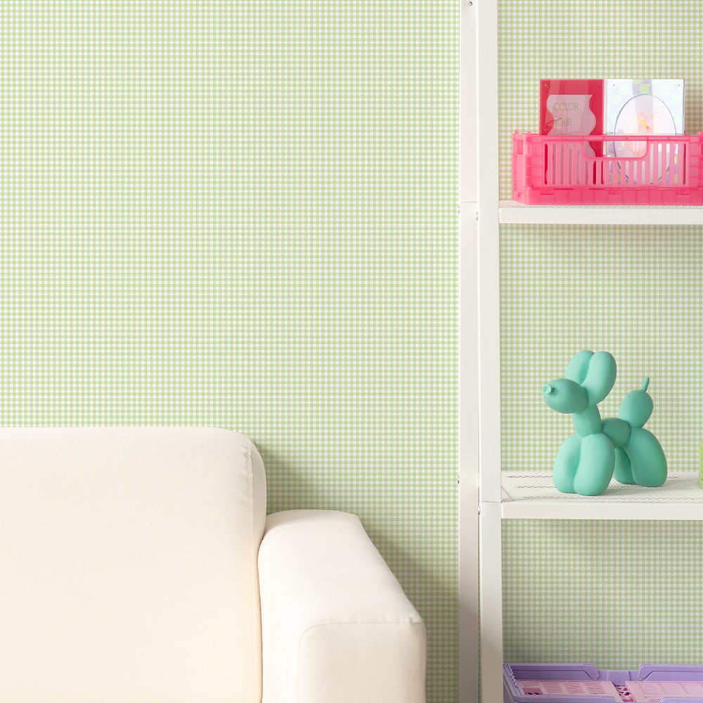 はがせる壁紙 のりなしタイプ What's poppin? ピンクニックギンガムmini (49cm×2.5mサイズ) グリーンウィンク