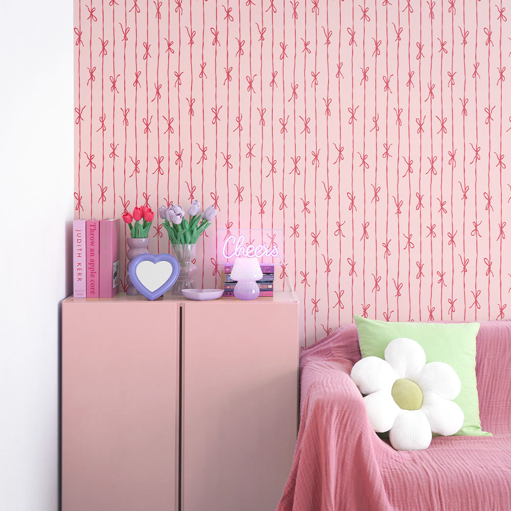 はがせる壁紙 のりなしタイプ What's poppin? リボンストライプ カラフル (49cm×2.5mサイズ) ストロベリー