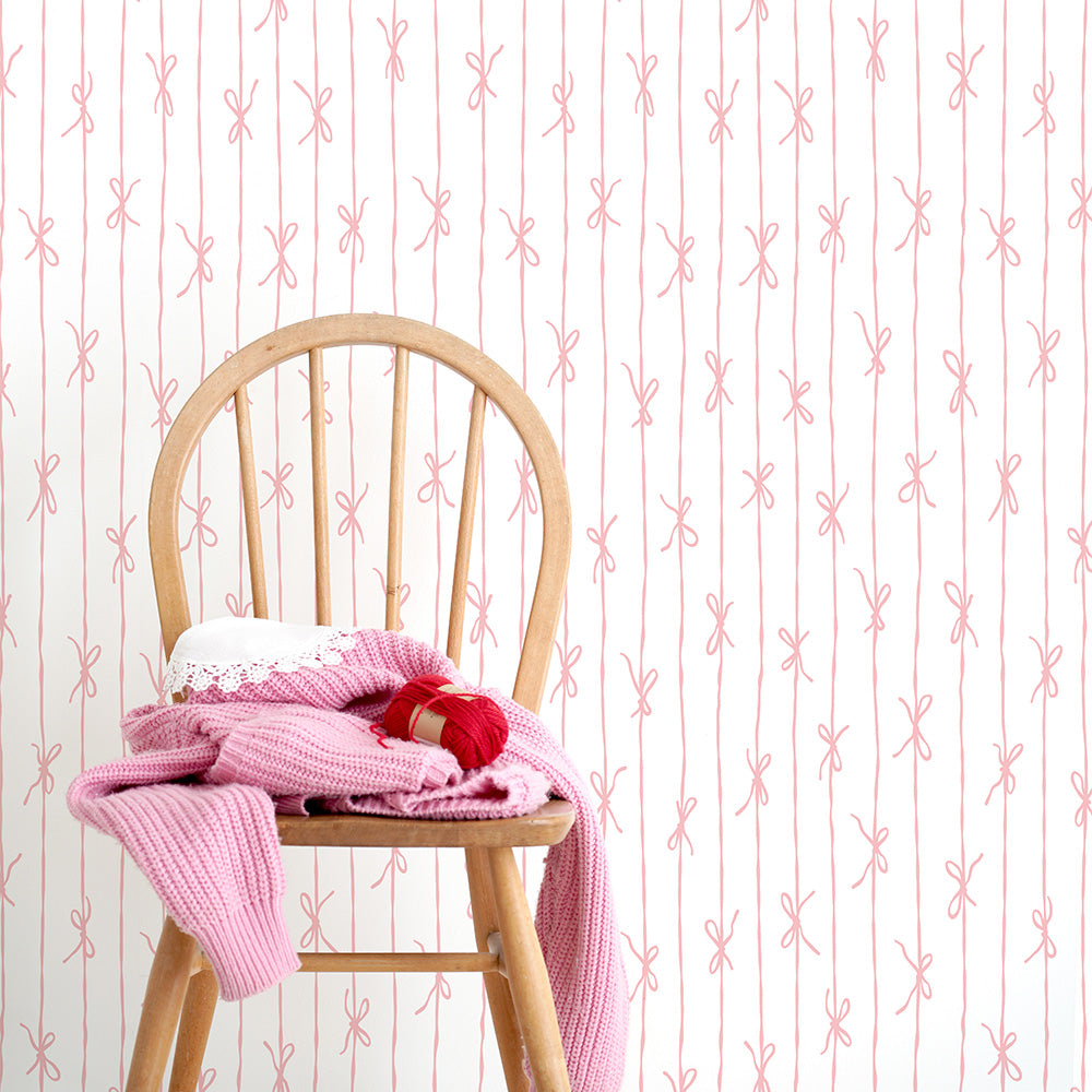 はがせる壁紙 のりなしタイプ What's poppin? リボンストライプ ナチュラル (49cm×2.5mサイズ) ローズ