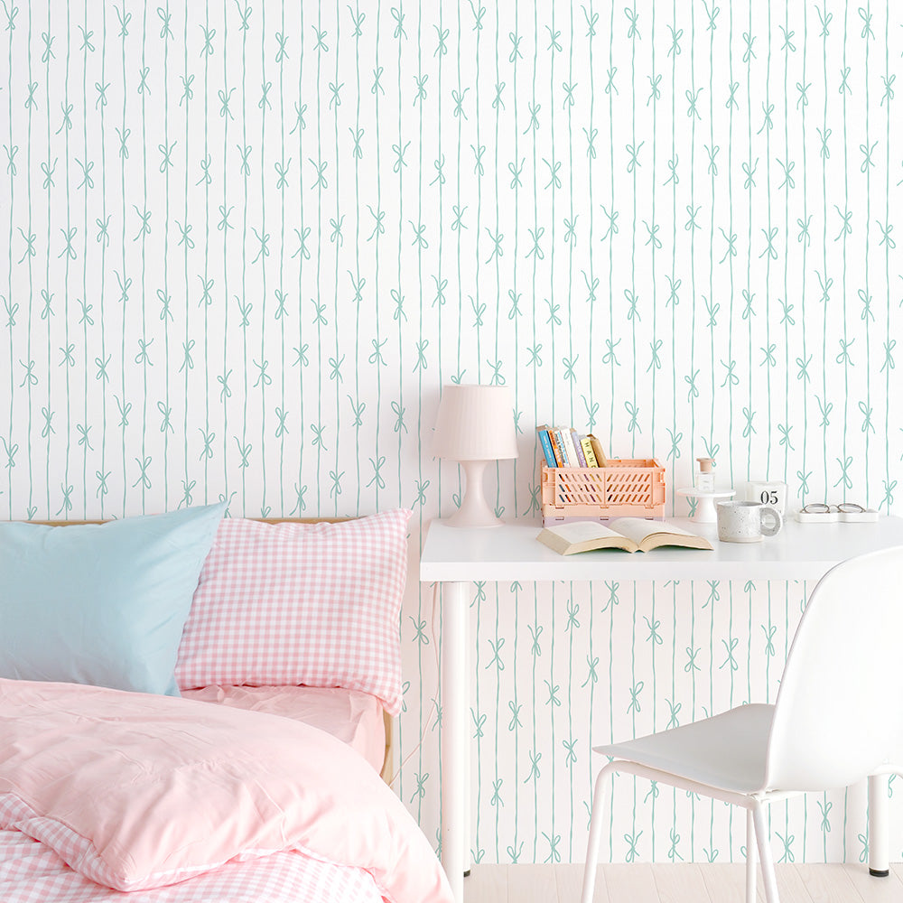 はがせる壁紙 のりなしタイプ What's poppin? リボンストライプ ナチュラル (49cm×2.5mサイズ) ミント