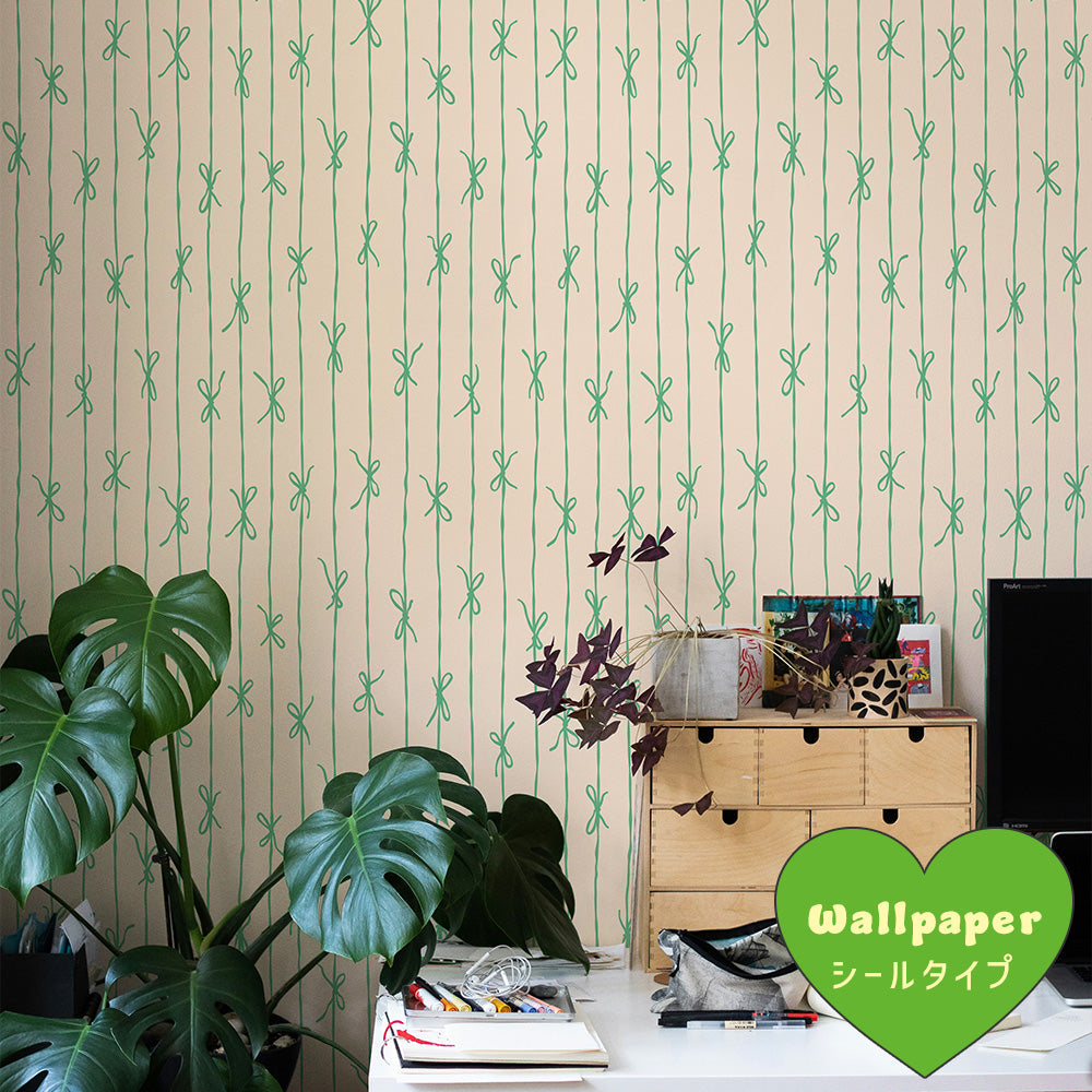 はがせる壁紙 シールタイプ What's poppin? リボンストライプ カラフル (49cm×3mサイズ) フレッシュミント