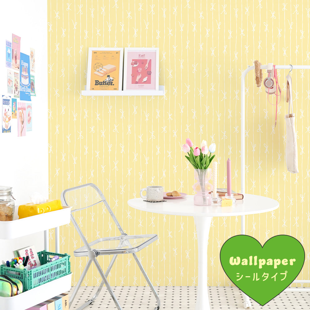 はがせる壁紙 シールタイプ What's poppin? リボンストライプ ナチュラル (49cm×3mサイズ) バニラ