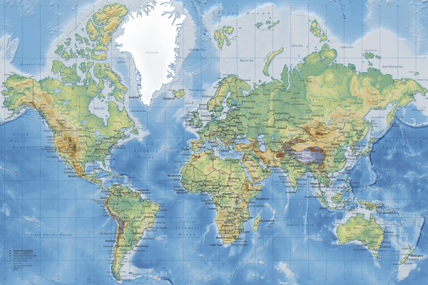 輸入壁紙 カスタム壁紙 PHOTOWALL / World Map Detailed - Without Roads (e22619)