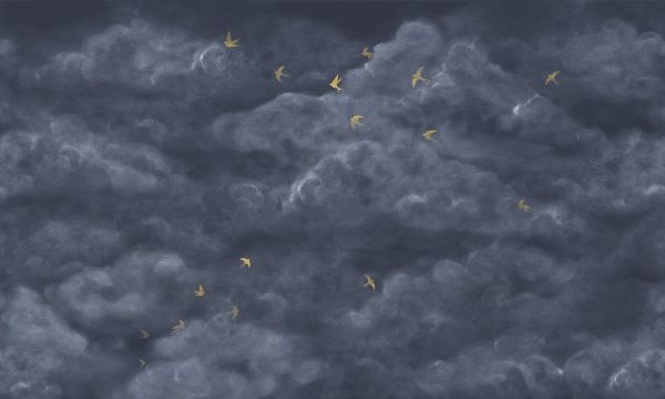 輸入壁紙 カスタム壁紙 PHOTOWALL / Tender Clouds with Yellow Swallows - Dark Blue (e320873)