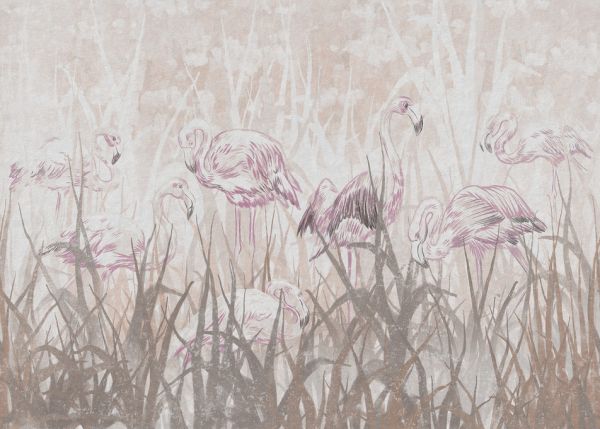 輸入壁紙 カスタム壁紙 PHOTOWALL / Flamingos in the Grass - Sepia (e321310)