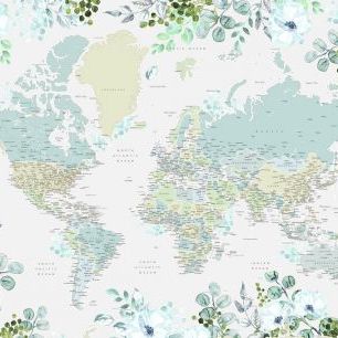 輸入壁紙 カスタム壁紙 PHOTOWALL / World Map Cities with Flowers (e331297)