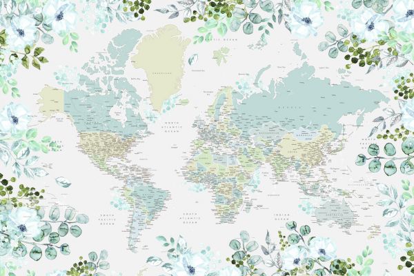 輸入壁紙 カスタム壁紙 PHOTOWALL / World Map Cities with Flowers (e331297)