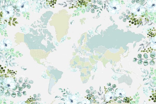 輸入壁紙 カスタム壁紙 PHOTOWALL / World Map with Flowers (e331298)