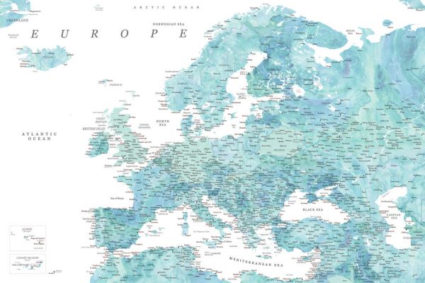 輸入壁紙 カスタム壁紙 PHOTOWALL / Aquamarine Detailed Map of Europe (e84205)