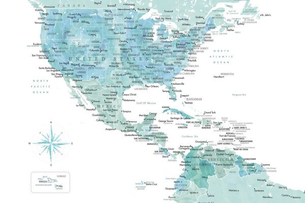 輸入壁紙 カスタム壁紙 PHOTOWALL / Aquamarine Map of USA and Mexico (e84206)
