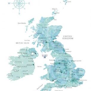 輸入壁紙 カスタム壁紙 PHOTOWALL / Aquamarine Watercolor Map of the United Kingdom (e84207)