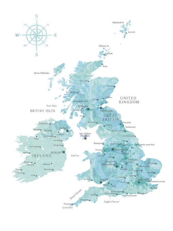 輸入壁紙 カスタム壁紙 PHOTOWALL / Aquamarine Watercolor Map of the United Kingdom (e84207)