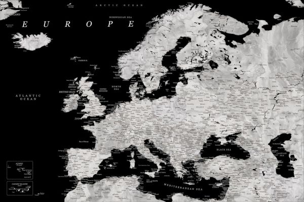 輸入壁紙 カスタム壁紙 PHOTOWALL / Black and Grey Detailed Map of Europe (e84208)