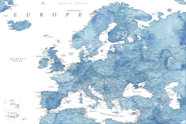 輸入壁紙 カスタム壁紙 PHOTOWALL / Blue Detailed Map of Europe (e84210)