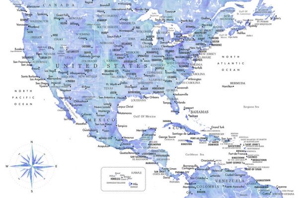 輸入壁紙 カスタム壁紙 PHOTOWALL / Blue Map of USA and the Caribbean Sea (e84211)