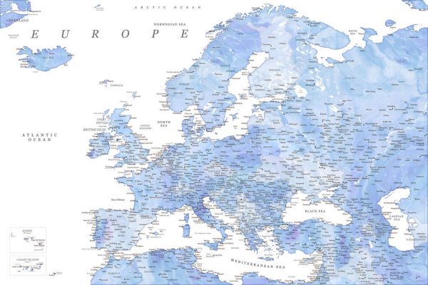 輸入壁紙 カスタム壁紙 PHOTOWALL / Blue Watercolor Detailed Map of Europe (e84213)