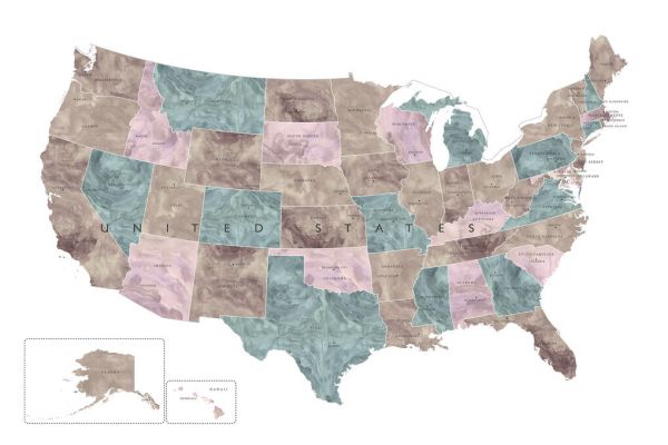 輸入壁紙 カスタム壁紙 PHOTOWALL / Pink and Teal Map of the US (e84331)