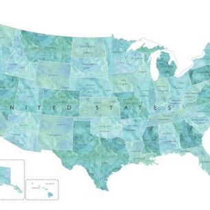 輸入壁紙 カスタム壁紙 PHOTOWALL / Teal Watercolor US Map (e84366)